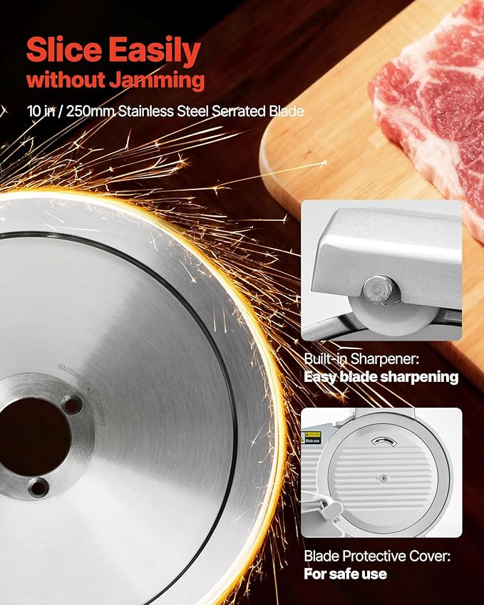 VEVOR Commercial Meat Slicer, 10 inch Electric Deli Slicer Machine, 320W Food-Slicer with SUS420 Blade, 0-0.4 inch Adjustable Thickness, for Frozen Meat, Ham, Baguett, Steak