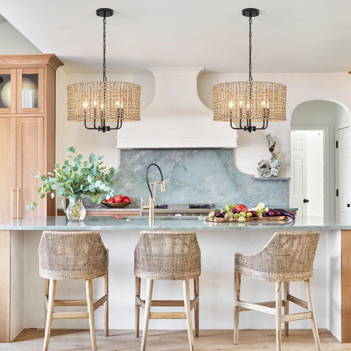 Mrhyswd 18.9 Hand-Woven Rattan Chandelier 5 Lights Farmhouse Boho Chandeliers For Dining Room Light Fixture Drum Wicker Hanging Pendant Lighting For Living Room Kitchen Island Foyer Hallway  E12