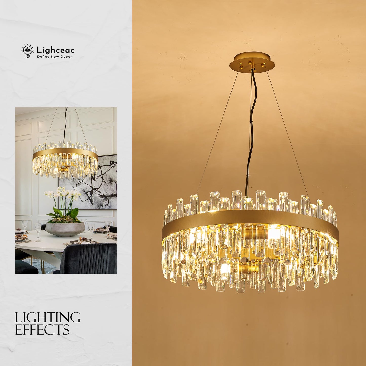 Lighceac 21.7 Gold Modern Crystal Chandelier Light Fixtures stylish 2 Rings Crystal Chandeliers For Dining Room 12-Light Round Hanging Pendant Lighting For Living Room Kitchen Island Entryway Bedroom