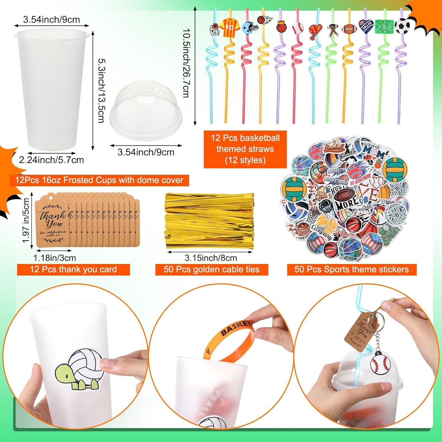Weysat 184 Pcs Sport Party Favors Party Goodie Bag Fillers Cup Straw Stress Ball Keychain Sticker Wristband Whistle Thank You Tags for Birthday Decorations (Sports Style)
