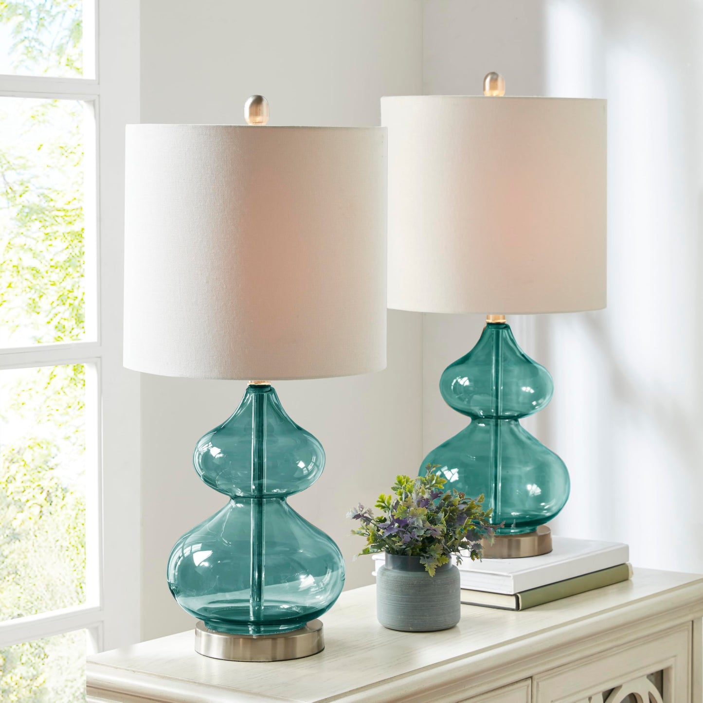 510 DESIGN Ellipse Table Lamp Set of 2, Glass, Brushed Nickel Base, 12inLx12inWx25.25inH, Blue, Model 5DS153-0018