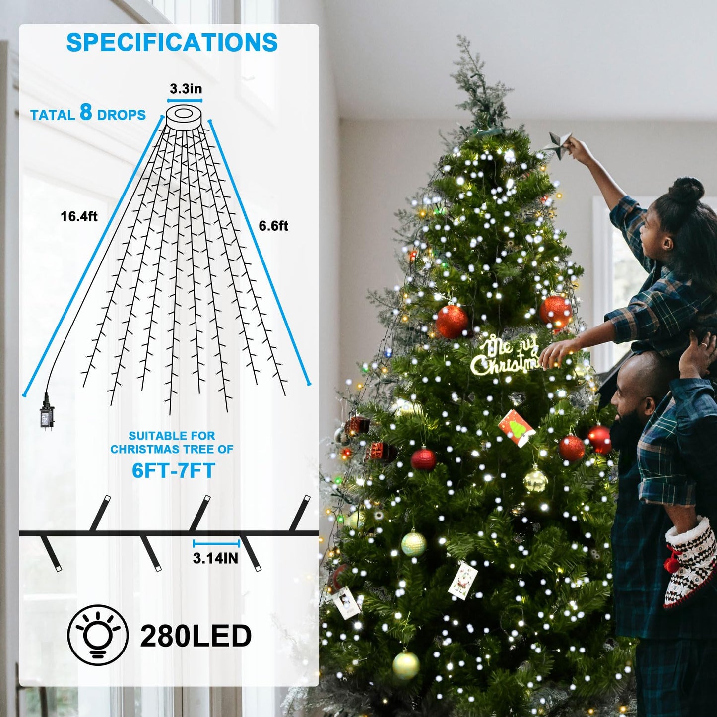 Bolweo Christmas Tree Lights 280Led 8 Lines 8 Modes For 6Ft-7Ft Tree  Ul Certified Indoor/Outdoor Christmas Decorations 8 * 6.6Ft Drops Cool White