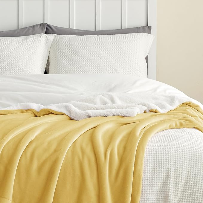 Bedsure GentleSoft Sherpa Fleece Throw Blanket Twin Size for Couch - Thick and Warm, Soft Fuzzy Plush Twin Blanket for Winter, Yellow, 60x80 Inches
