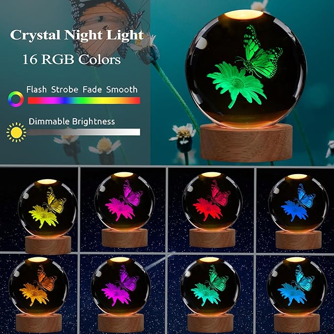 Butterfly Crystal Night Light, Butterfly Gifts, K9 3.15 Inch（80mm） Crytstal Lamp with 16 Colors Remote Upgraded Lamp Gifts for Women Wife Girlfriend