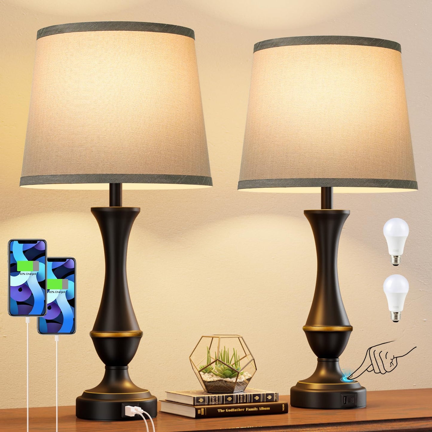 Seealle Touch Lamps Set Of 2 - 3-Way Dimmable Metal Nightstand Lamps With Usb, Grey Shade & Black Base For Bedroom And Living Room