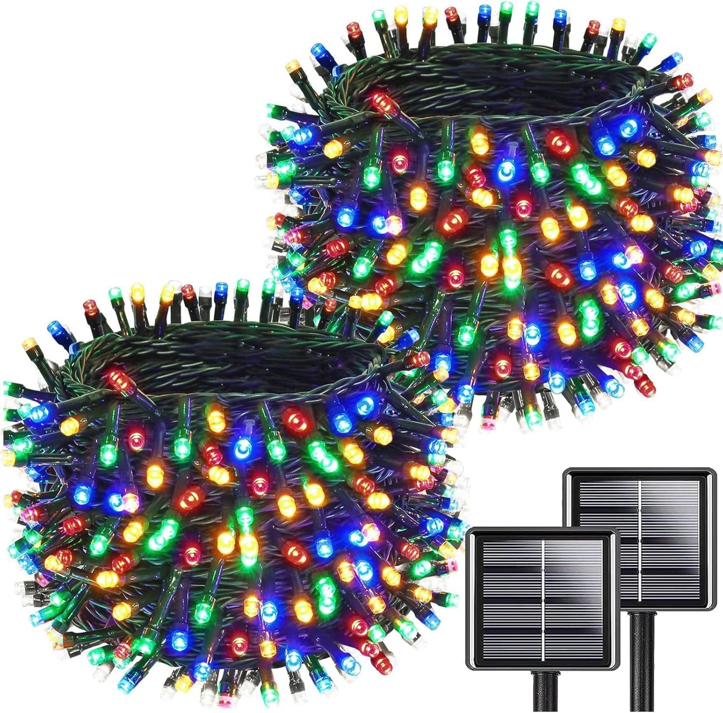 KAQ Solar String Lights, 200LED, 66FT, IP65 Waterproof, 8 Modes, Multicolor, 2-Pack