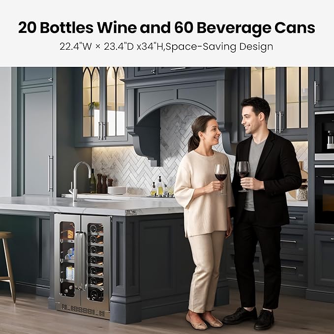 Whynter 24 Inch Dual Zone Wine and Beverage Refrigerator, 20 Bottle 60 Can Wine Fridge with Glass Door, 36-72°F Built-in Freestanding Under Counter Wine Cooler with 3 LED Light(4.1 cu.ft)