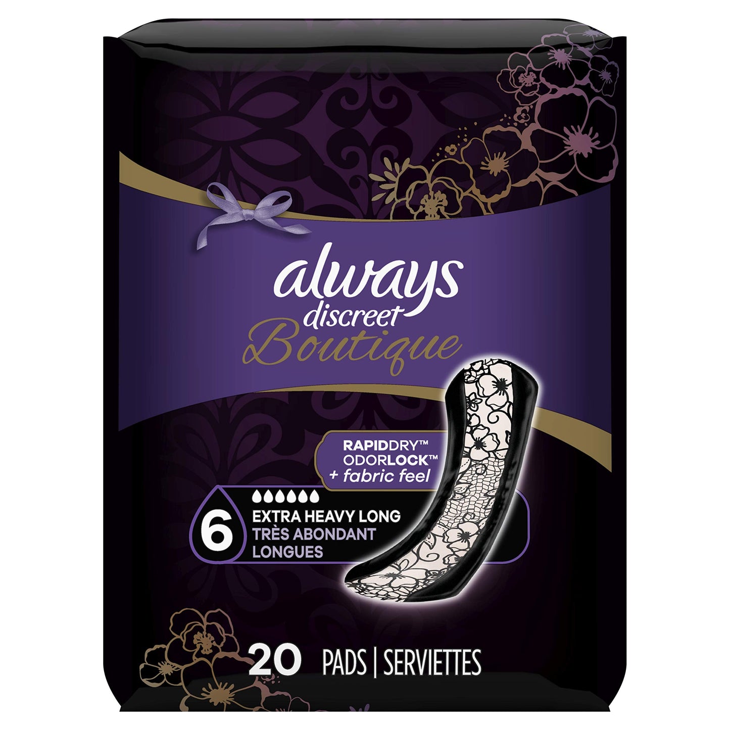 Always Discreet Boutique Incontinence Pads, Size 6, Extra Heavy Absorption, Long, 20 Pads