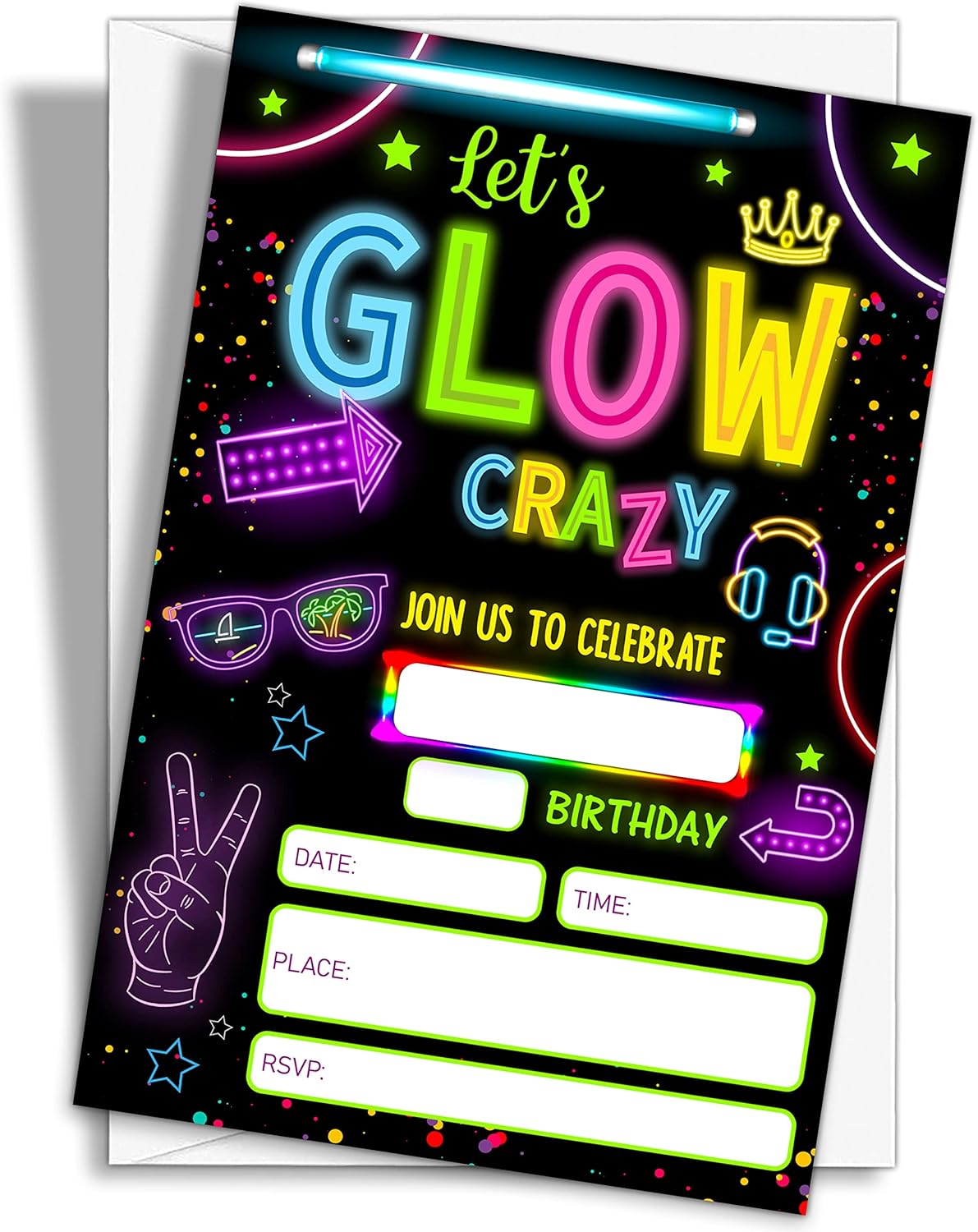 Neon Glow Invitation Birthday Party Invitations, 20-Count Let's Glow Crazy Theme Birthday Party Invites With Envelopes-HBYQK-B02