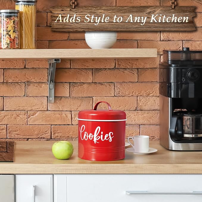 Farmhouse Cookie Jar for Kitchen Counter, 1 Gallon Vintage Cookie Jar with Airtight Lid, Large Food Storage Container for Candy, Cookies, Dessert, Red Kitchen Decor and Accessories
