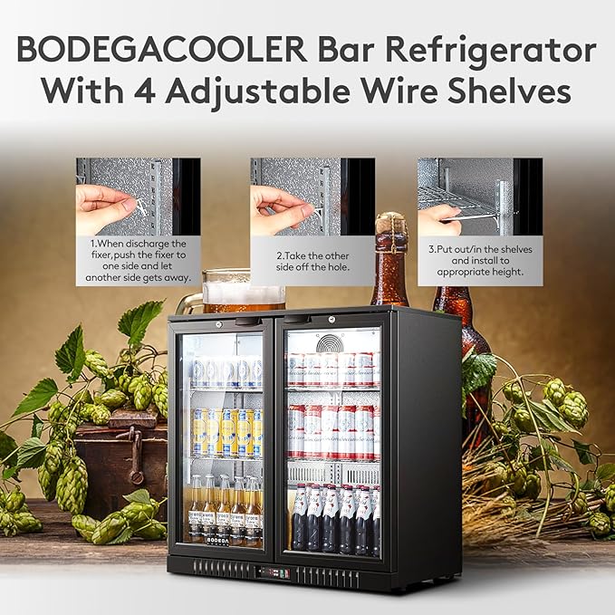 BODEGA BODEGACOOLER Commercial Bar Refrigerator with 2 Glass Door,7.4 Cu.Ft Beverage Refrigerator Cooler,Large Display Bar Cooler Fridge,Adjustable Shelves,Hold Beer,Soda Drinks,Wine