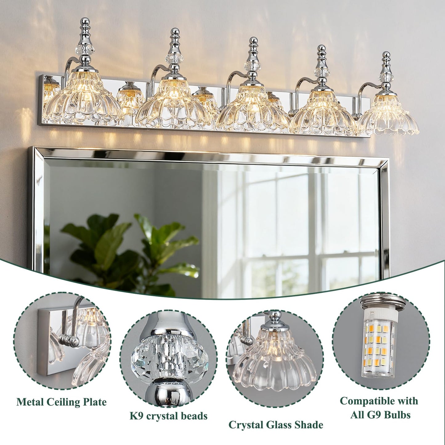 Lbsqj Vintage Bathroom Vanity Light  5-Light Chrome Vanity Lighting Fixture With Flower Glass Shade  Bathroom Lighting Fixtures Over Mirror