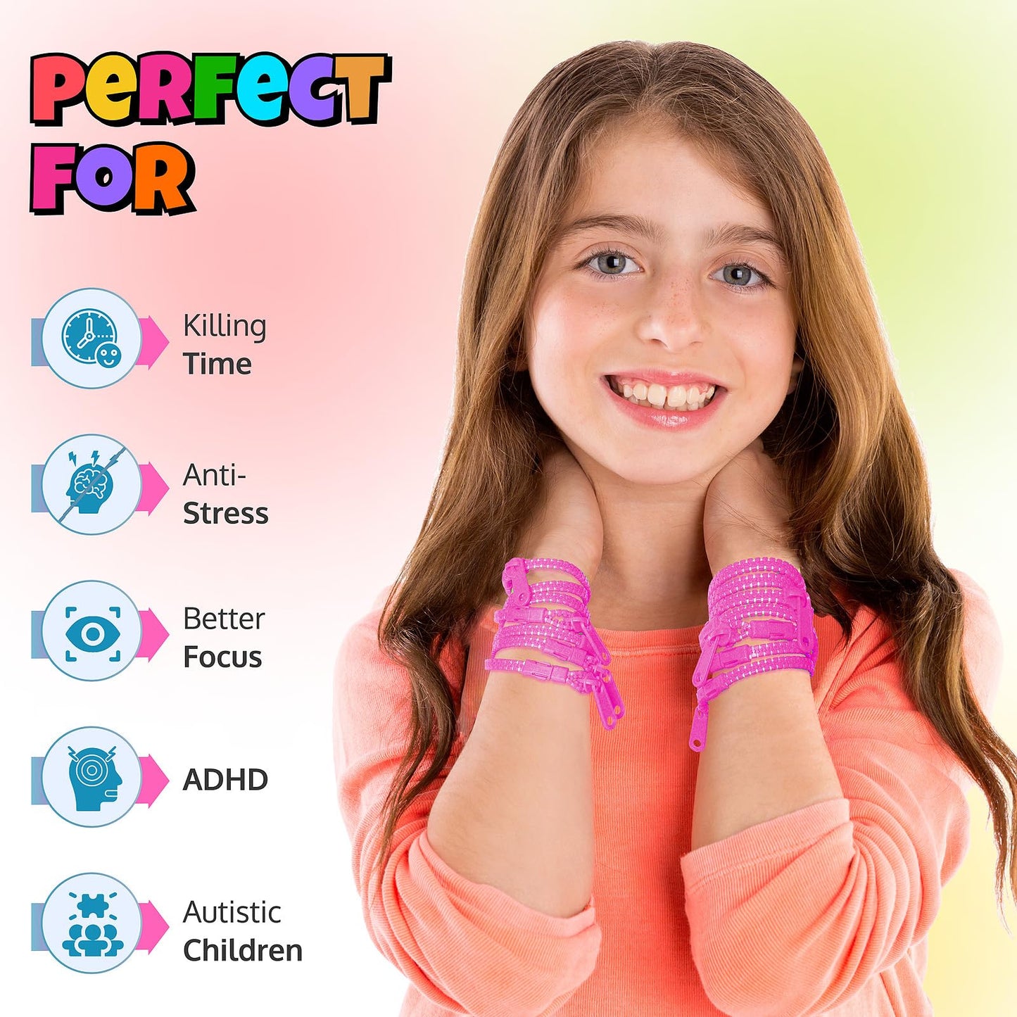 UpBrands 12-Pack Pink 7-Inch Zipper Bracelets - Thoughtful Fidget Party Favors for National Pink Day, Bulk Sensory Toys for Anxi