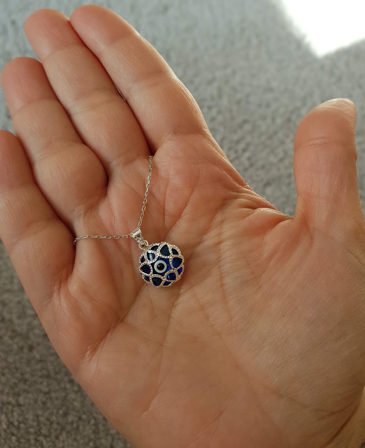 MYSTIC JEWELS by Dalia - 925 Sterling Silver Turkish Glass Evil Eye Filigree Pendant with Adjustable Silver Chain