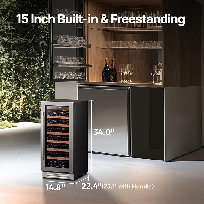 Ca'Lefort 15 Inch Wine Cooler Refrigerator, 33 Bottles Wine Coolers with Glass Door, 3 LED Built-in Compressor Fridge with Adjustable Shelves for Home Office Bar (3.0 cu.ft)
