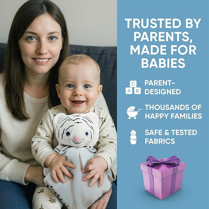 Love By Emi Sleep Soother White Noise with Heartbeat Tiger Plush & Lullaby, 4-in-1 Sound Machine, Security Blanket, Pacifier Holder, Baby Gift Registry Essential for Newborns, Infants & Toddler