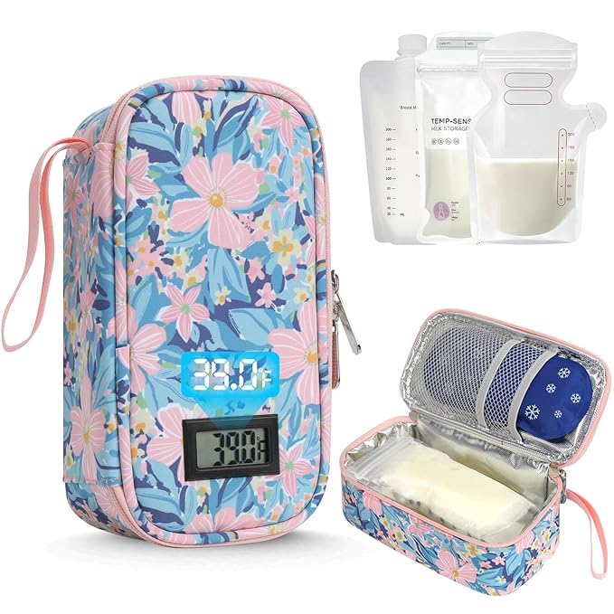 YOUSHARES Breastmilk Cooler Travel Bag with Digital Thermometer, Small Insulated Baby Milk Storage with 2 Ice Packs, Daycare and On-The-Go Moms （Pastel Flowers）