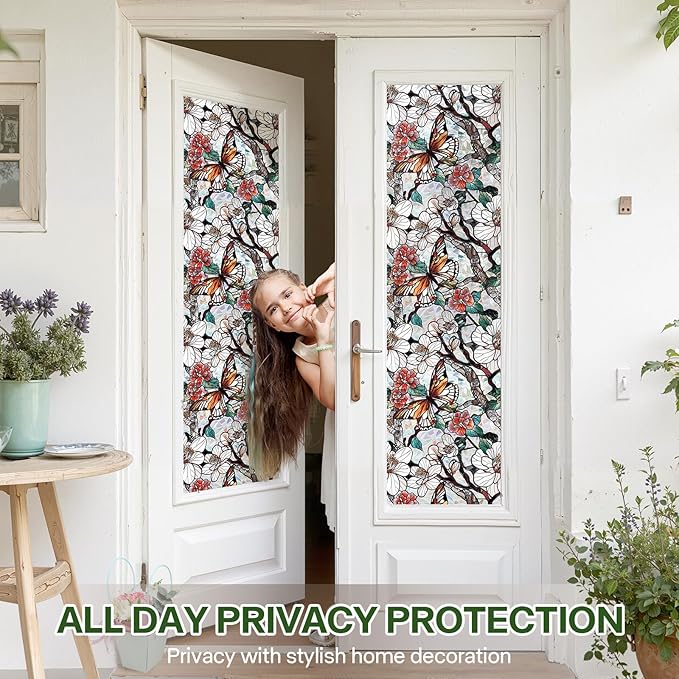 Stained Glass Window Film UV Resistant Window Privacy Film Butterfly Floral Privacy Rainbow Decals Living Room Bedroom Sun Blocking Decor Removable Static Cling Stickers 17 x 78.74 Inch