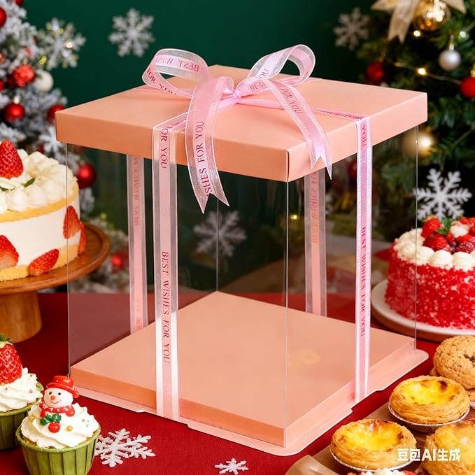 XININSUN Clear cake Box,10" X 10" X 9" with ribbon and pre-folded lid, for 8" cake carrier, baking cookie display, Carry Tall Layer Gift, Festive Gift Box -Pink