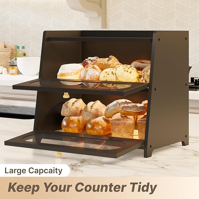 Black Bread Box for Kitchen Countertop, Double Layer Breadbox, Large Capacity with Window, Farmhouse Bread Storage Container, Fits Corner, Cabinet, Pantry