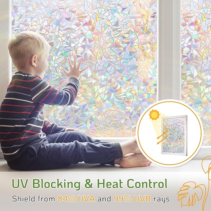 LUTE Window Privacy Film, Rainbow Window Film, 3D Decorative Stained Glass Cling, Non-Adhesive Vinyl Static Cling Removable Glass Stickers, Sun UV Blocking Decal Covering for Home, 23.6 x 78.7 inches