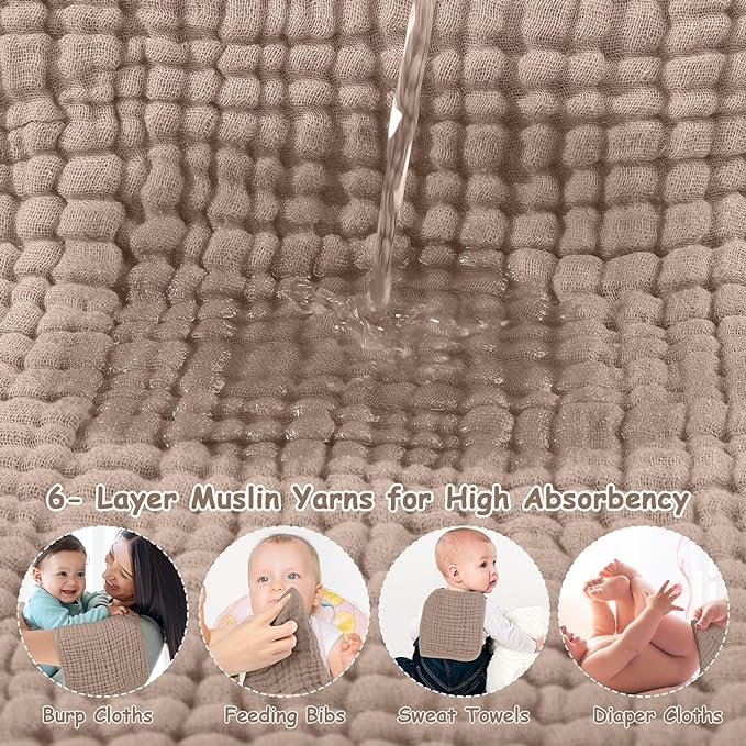 Looxii Muslin Burp Cloths 100% Cotton Muslin Cloths Large 20''x10'' Extra Soft and Absorbent 6 Pack Baby Burping Cloth for Boys and Girls (Brown)