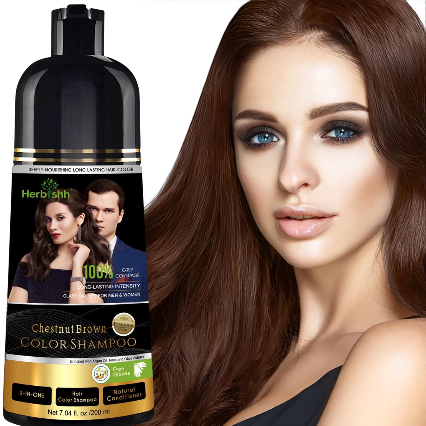 Herbishh Chestnut Brown Shampoo, Hair Dye Shampoo 3 in 1, 100% Grey Coverage, Demi-Permanent Hair Color for Men & Women, Long-la