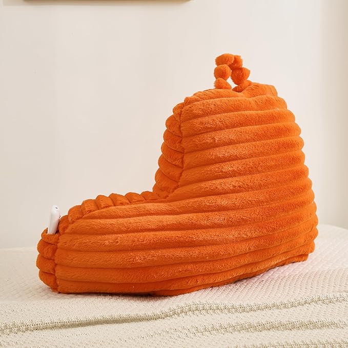 Faux Fur Fluffy Orange Reading Pillow with Pockets, Luxury Striped Plush Decorative, Arm Rests and Back Surport for Bed Rest, Lounging on sofa, Large