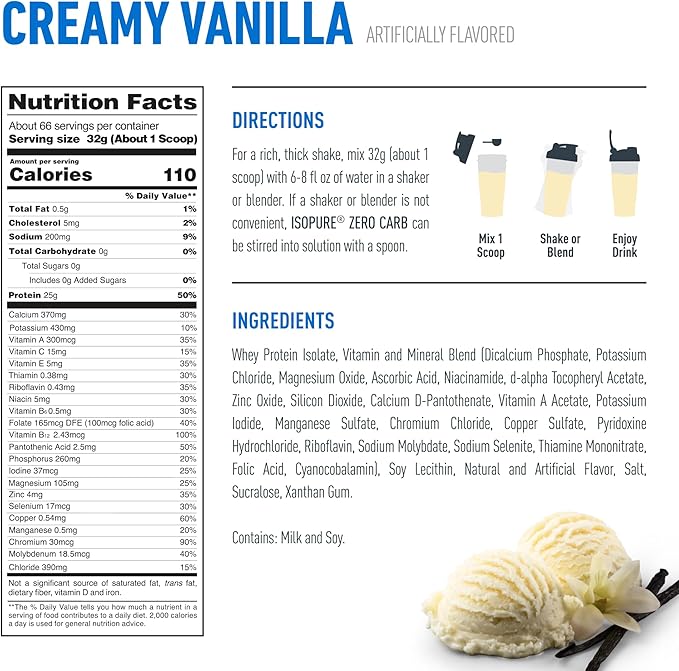 Isopure Zero Carb 100% Pure Whey Isolate Protein Powder, Lactose Free, Gluten Free, With Vitamins, Creamy Vanilla, 25g Protein Per Serving, 4.5 Lbs, 66 Servings (Packaging May Vary)