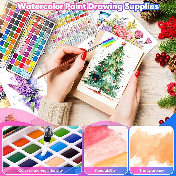 Taotree Watercolor Paint Set 100 Colors, Art Supplies Watercolors Kit Travel Water Colors with 3 Paints Brushes, Crafts Painting Supplies, Drawing Christmas Gifts for Adults Artist Drawing, Painting