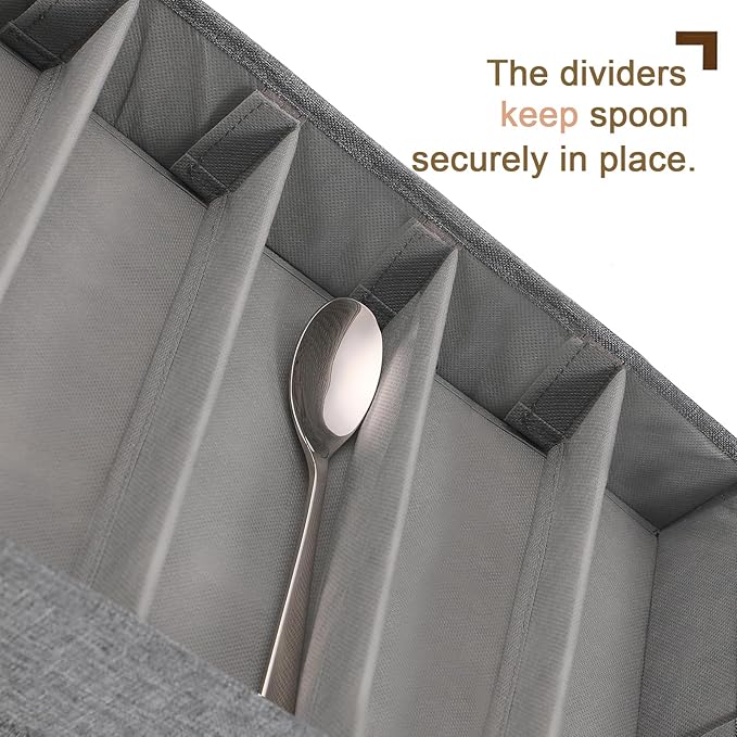 Joyfol Day Flatware Utensil Storage Case, Silverware Storage Box with Padded Dividers, Removable Cutlery Storage Holder with Handles and Removable Lid, for Protects and Organizes Cutlery, Grey