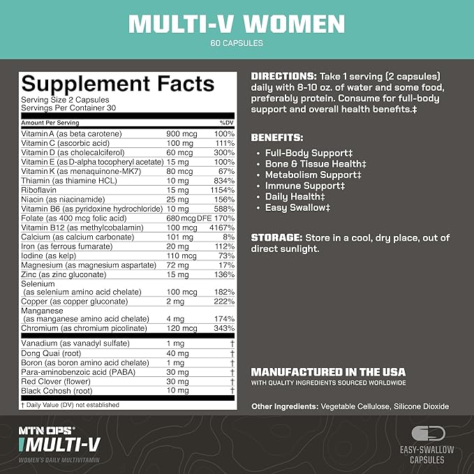 MTN OPS Multi-V Womens Multivitamin Vegetarian Capsules, Essential Daily Vitamin Complex, 60 Capsules, 30 Day Supply