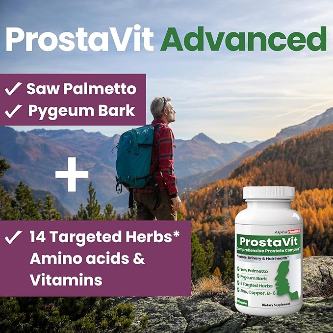 ProstaVit Saw Palmetto for Men, Prostate Health Supplements for Men, Urinary & Hair Health Supplement: Pumpkin Seed Extract & Pygeum bark +14 Herbs & Vitmains. Prostate Supplements 60 Capsules