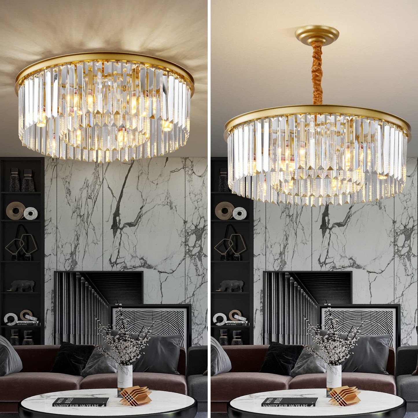 Laiuetai Gold Modern Crystal Chandelier  2-Tier Round Flush Mount Ceiling Light Fixtures Height Adjustable Pendant Lighting For Dining Room Living Room Bedroom Kitchen Hotel Foyer