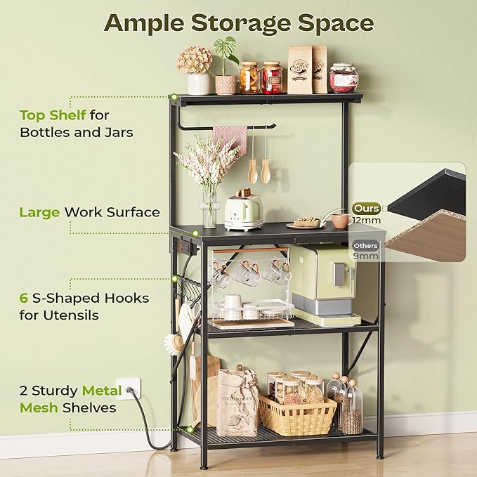 Huuger 4-Tier Bakers Rack with Reversible Power Outlet, 23.6 Inch Microwave Stand, Kitchen Bar, with Top Shelf, 6 S Hooks, Black
