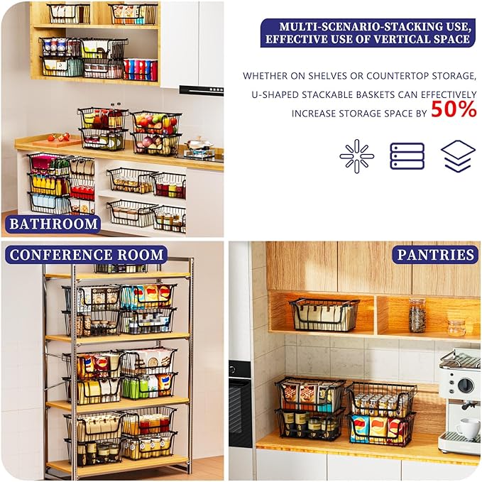 4 Pack Enhanced Leak-Proof Bottom Stackable Wire Baskets, Pantry Organizers and Storage, pantry storage，Shelf Baskets, Fruit Basket, Potato and Onion Storage Bins，(Black)