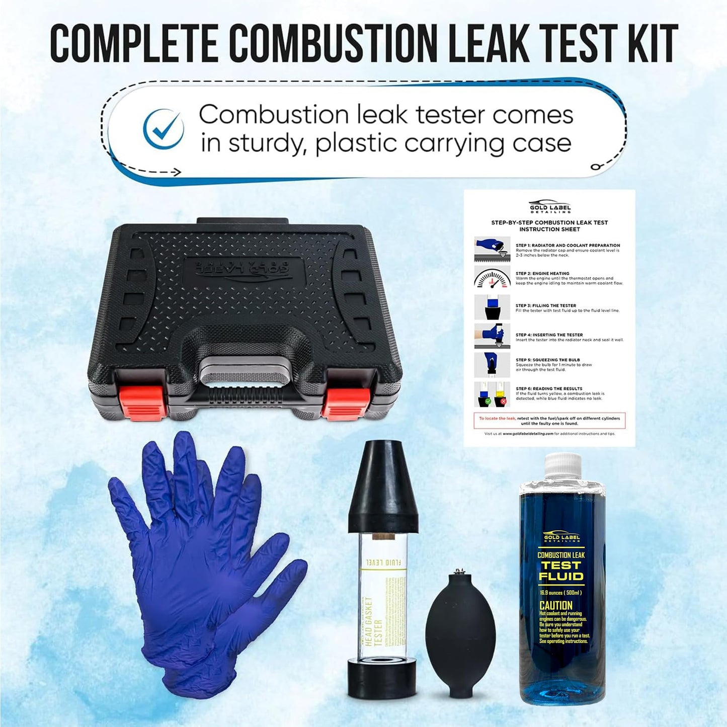 Gold Label Detailing Combustion Leak Detector Kit - 100+ Tests Automotive Engine Block and Head Gasket Tester, Ideal for Detecting Blown Gaskets (Tester with 18oz Fluid)
