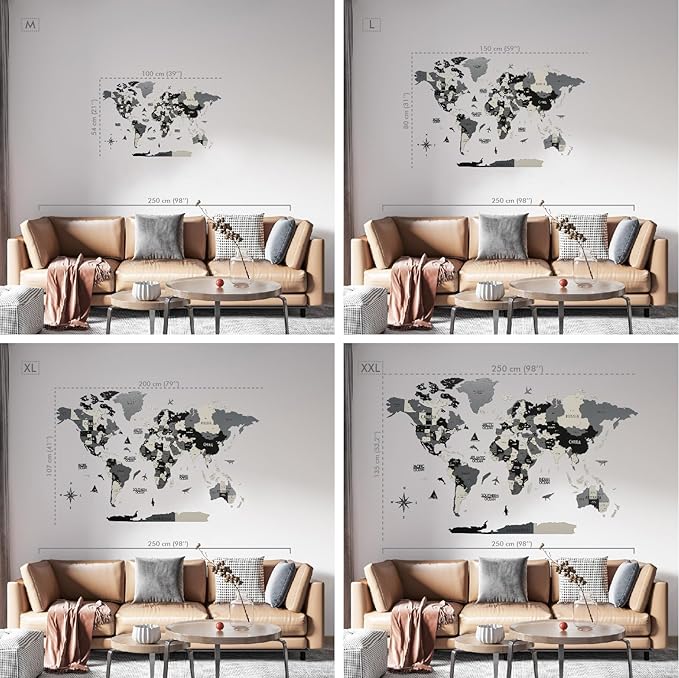 Colorfull Worlds 3D Wooden World Map Wall Art | Unique Wall Decor with Pins for Travel Enthusiasts | Home and Office Wall Décor | Grey | XXLarge