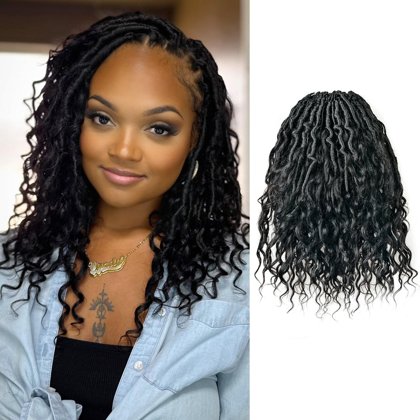 ToyoTress Boho Butterfly Locs With Human Hair Curls - 10 Inch 8 Packs Natural Black Hand Twisted Pre-Looped Crochet Locs, Boho F