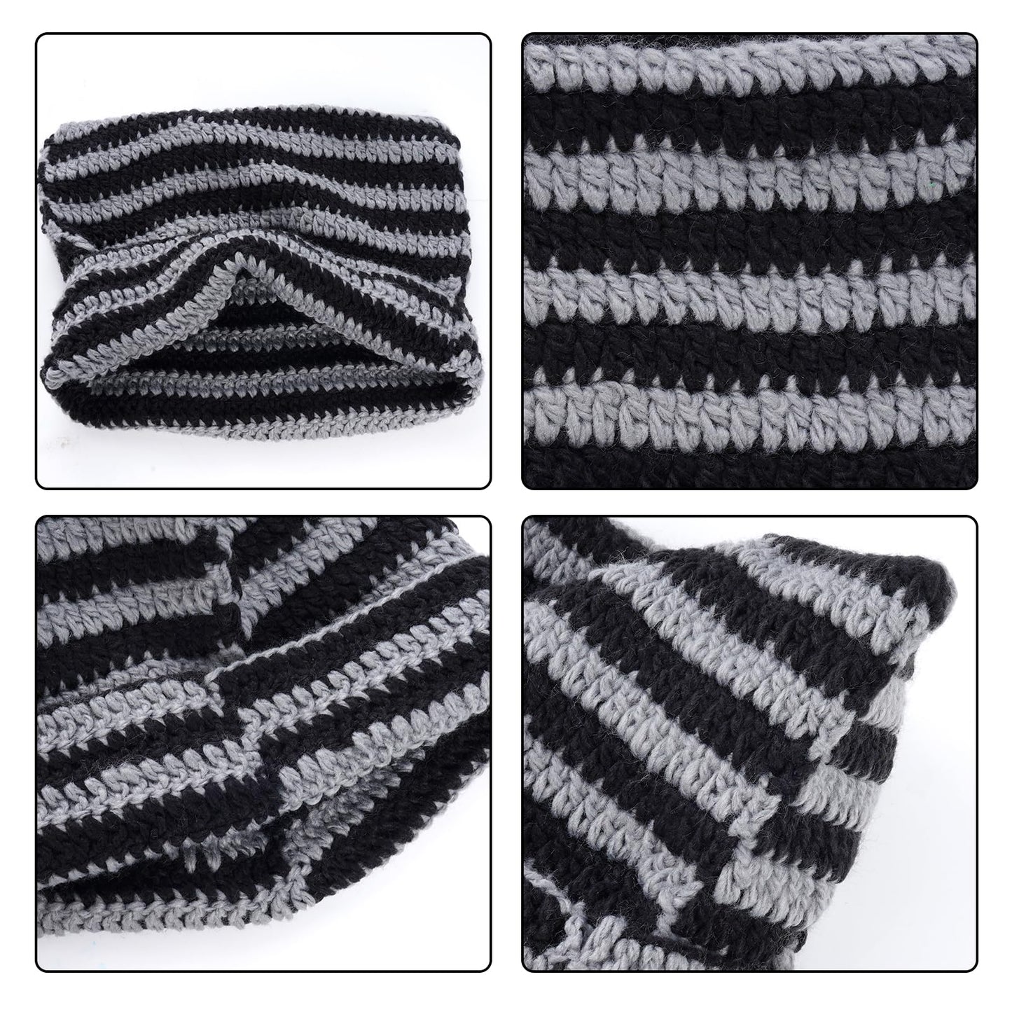 hoyuwak Crochet Cat Ear Beanie Hat Stripes Goth Knit Striped Winter Warm Cap for Men Women Festival Holiday Christmas (US, Alpha, One Size, Black and Gray Stripes)