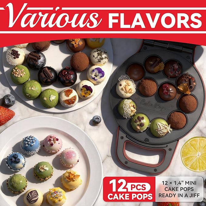 Flip Cake Pop Maker Machine with Ceramic Coating, Make 12 x 1.4 Inch Cake Pops, Cake Pop Kit for Kids, Cake Pop Supplies, Snack Machine, Recipe & Brushed Included, Red