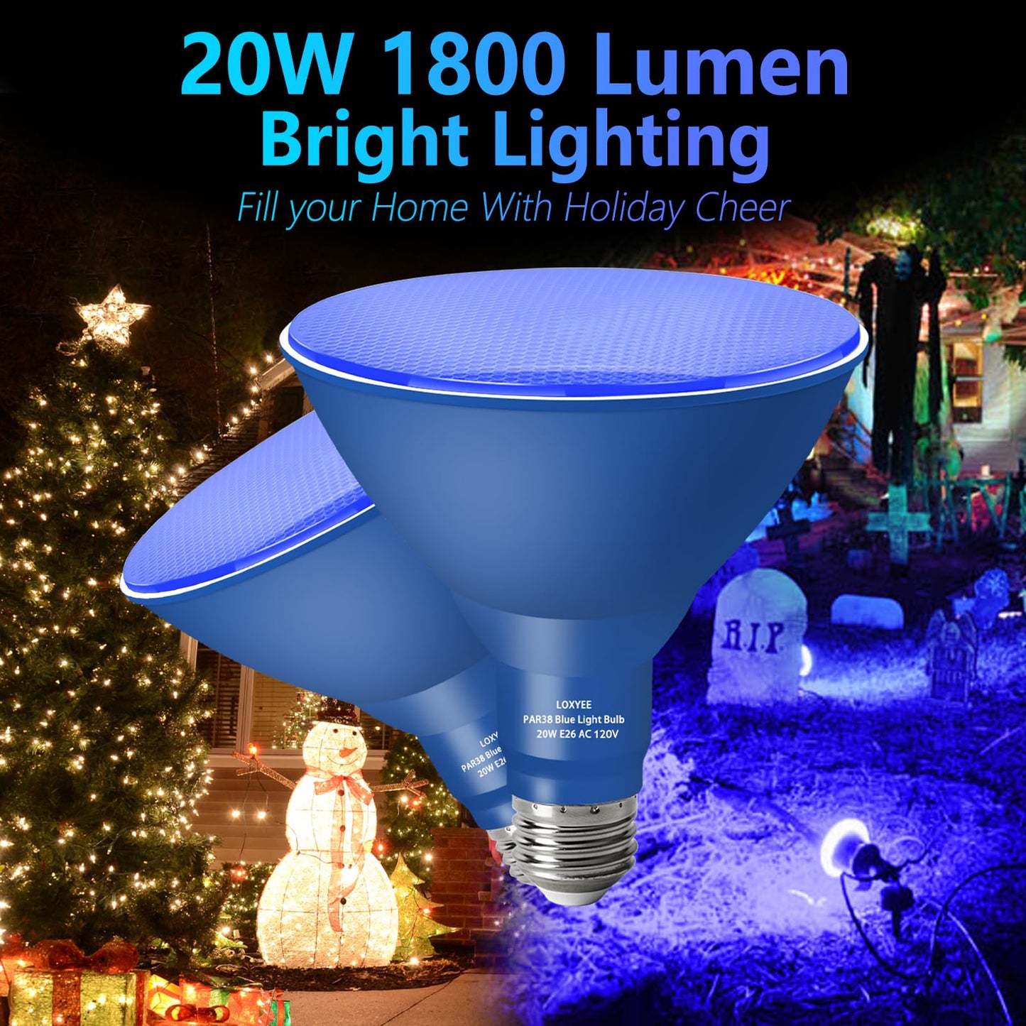 Loxyee Par38 Flood Blue Light Bulbs 4 Pack Dimmable E26 Base Blue Flood Light Outoor(20W Replace To 200W) Halloween Light Bulb For Outside Christmas Holiday Lighting