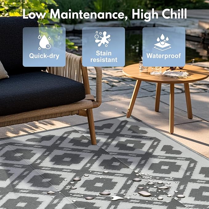 Waterproof Outdoor Rug 4x6 ft, Reversible Plastic Straw Rug, Easy to Clean Patio Rug, Portable Carpet for Patio, RV, Deck, Balcony, Backyard, Picnic, Beach, Square Dashed, Gray