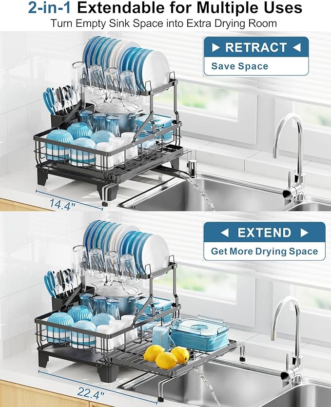 GSlife Large Dish Drying Rack - Extendable 2-in-1 Dish Racks for Kitchen Counter or Over Sink, 2 Tier Dish Drainer with Drainboard, Cups Holder and Utensil Holder, 14.4"-22.4" L x 16.9" W, Black