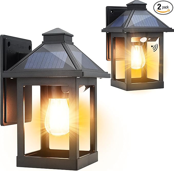 CYHKEE 2 Pack Solar Wall Lanterns Outdoor with 3 Modes, Dusk to Dawn Motion Sensor LED Sconce Lights IP65 Waterproof, Exte...