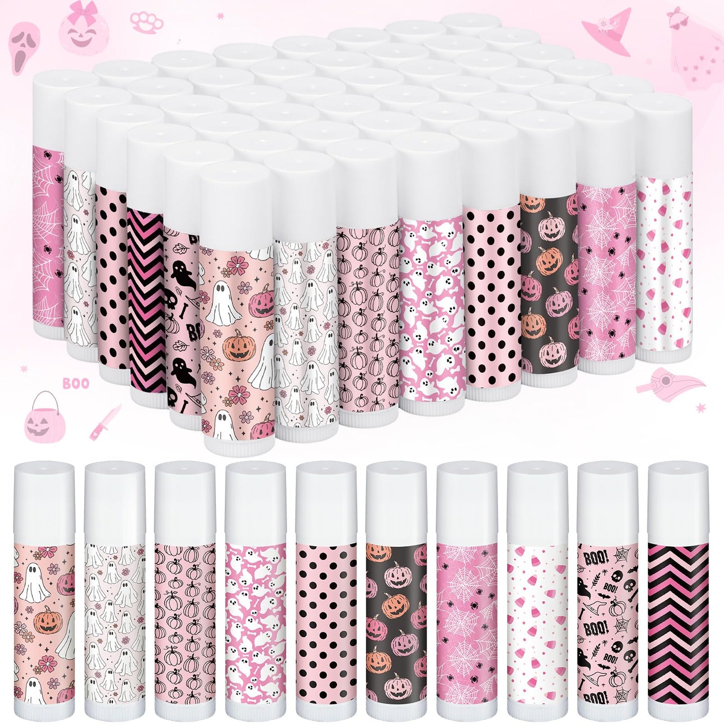 Siifert 50 Pcs Pink Halloween Lip Balm Gifts Bulk Cute Boo Ghost Lip Balm Favors Honey Flavor Spooky Party Supplies Goodies Pink