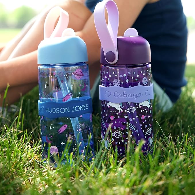 InchBug Orbit Labels - Baby Bottle Name Labels for Daycare, Sippy Cup Bands - Engraved Silicone, Reusable, Dishwasher Safe, Matching Color Personalization, 4-Pack (Deep Sky Blue)