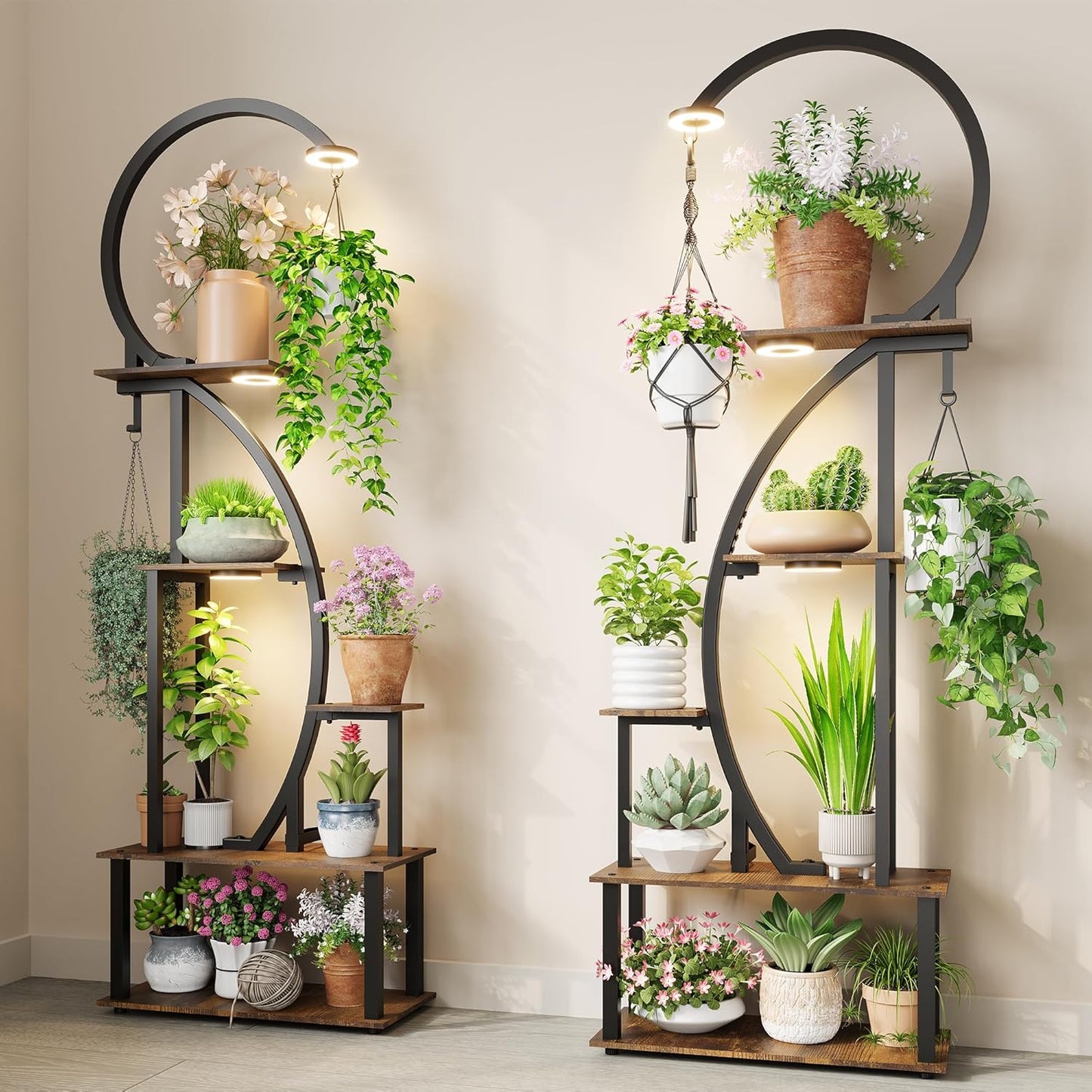 Indoor Plant Stand with Grow Lights, Half-Heart Shape Metal Shelf with Multiple Wood Boards and Hooks for Hanging & Potted Plants, Tall LED Display Rack for Living Room, Balcony Décor