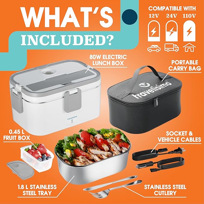 TRAVELISIMO Extra-Large Electric Lunch Box For Adults Holds up to 8 Cups - 80W Heated Lunch Box 1.8L Electric Food Warmers for Travel & Work, Portable Food Warmer - Loncheras Para Hombres De Trabajo