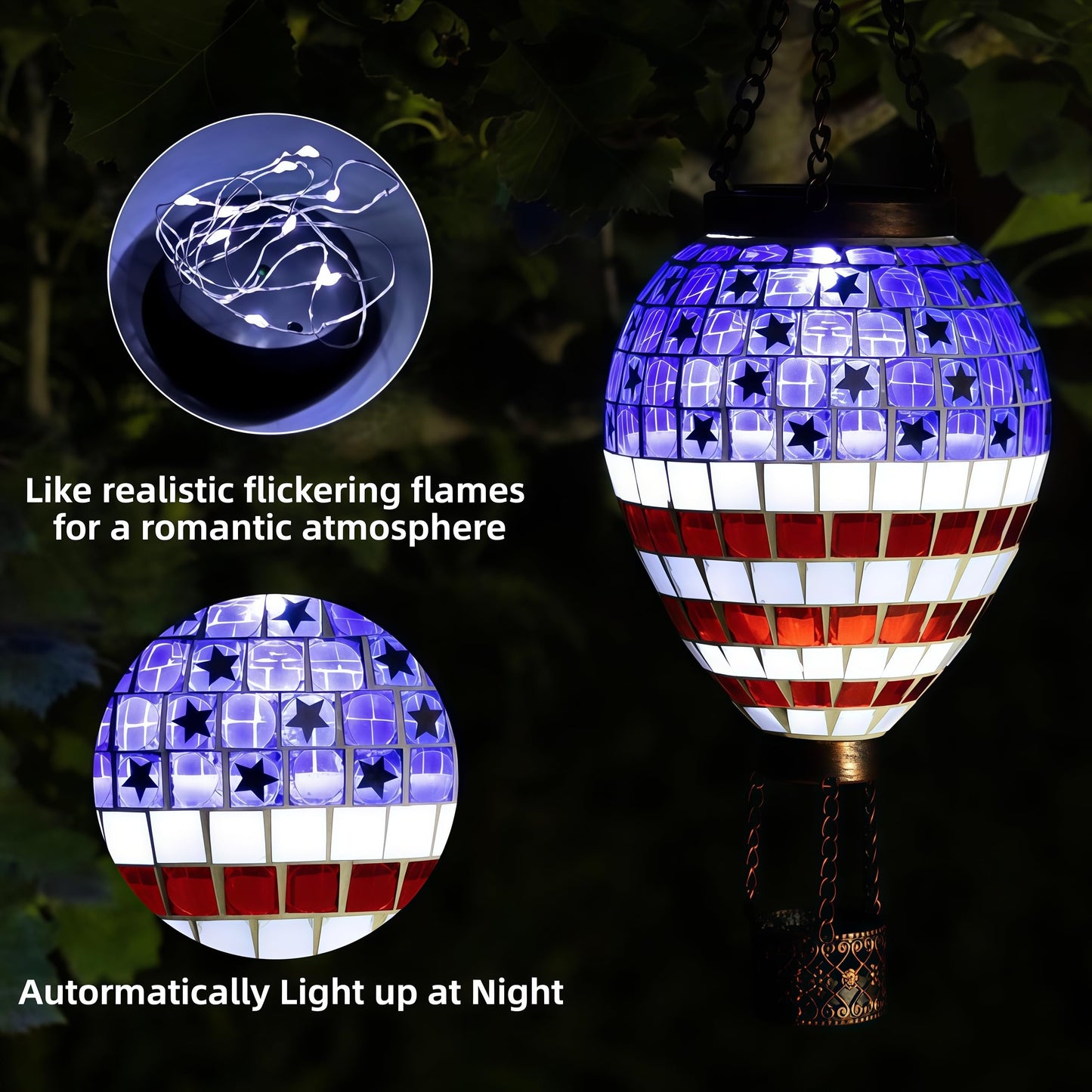 Voreen American Flag Hot Air Balloon Solar Lantern  Handmade Mosaic Outdoor Hanging Wind Light  Ip44 Waterproof  Patio Decorations  Gift For Mom Wife Friend  Patriotic Theme  4Th Of July Decor